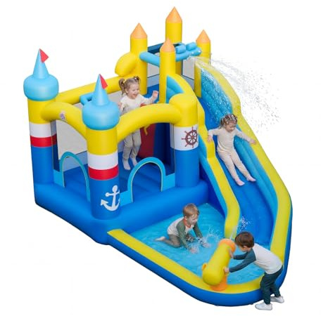 COSTWAY Hüpfburg mit Wasserrutsche, Sprungbereich, Planschbecken, Wasserkanone, Kletterwand, Ozeanbällen & Basketball, Wasserhüpfburg für Kinder, Wasserpark für Außenbereich, 431 x 290 x 259 cm