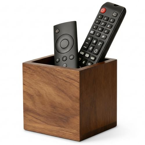 Otbushit Wood TV Remote Control Holder for Table with Wide Opening, Natural Wood Grain Design Organizer for Living Room Desk