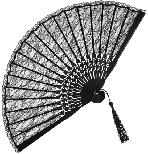 SEWACC Schwarzer Fächer aus Spitze, Vintage-blumenmuster, Spanischer Handfächer für Damen, Ideal für Hochzeiten Und Sommer.