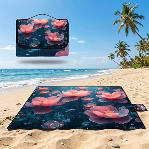 Groß Picknickdecke 200x300 cm, Outdoor Picnic Blanket Wasserdicht & Sandfest Stranddecke Rosa, Campingdecke mit Verstärkter PVC-Rückseite, XXL Strandmatte Faltbar für Park, Strand, Garten Lotus UZ-377