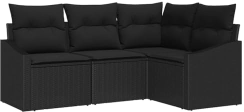 SooIarix Sofa Set mit Kissen 4 pcs Schwarz Poly-Rattan wetterfestes Gartenmöbel Set Lounge Möbel Outdoor mit höhenverstellbarem Tisch und Stauraum für Balkon Lounge Gartenlounge