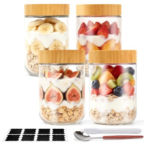 Overnight Oats Jars 500ml, 4 Pack Glass Containers with Bamboo Lids | Mason Jars with Lids Leakproof Breakfast Pots for Meal Prep Glass Jars for Salad, Yogurt, Jam, Pudding, Nuts and Food Storage