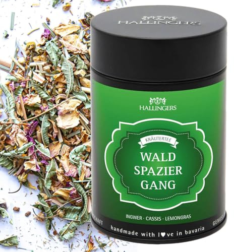 Hallingers Genuss Manufaktur Kräutertee Geschenk - loser Kräuter & Erkältungs-Tee in Geschenk-Dose Waldspaziergang mit Ingwer, Cassis & Lemongras, Geschenkidee für Frauen Männer