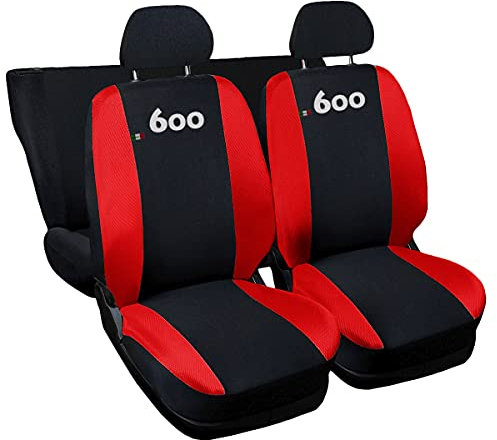 Lupex Shop Coprisedili auto compatibili con 600 Seicento, Nero/Rosso, Made in Italy, tessuto poliestere, set sedili completi anteriori e posteriori