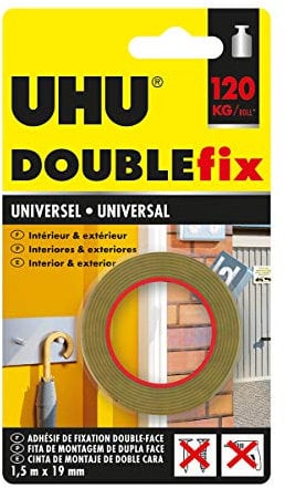 UHU Doublefix Universel - Ruban adhésif double face, ultra fort, résistance à 120 Kg, blanc, rouleau de 1,50 M X 19 mm