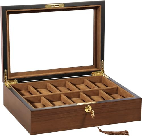 Uten Uhrenbox für 10 Uhren, Uhren Aufbewahrungsbox mit Schlüssel, Uhrenkasten aus Holz herausnehmbaren Uhrenkissen,Geschenke für Muttertag, Vatertag, Dunkelbraun