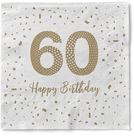 Sovie HORECA Serviette Happy Birthday - 60 aus Tissue, 3-lagig, 33 x 33 cm, 100 Stück – goldener Schriftzug & Konfetti-Design für 60. Geburtstag, ideal für Tischdekoration