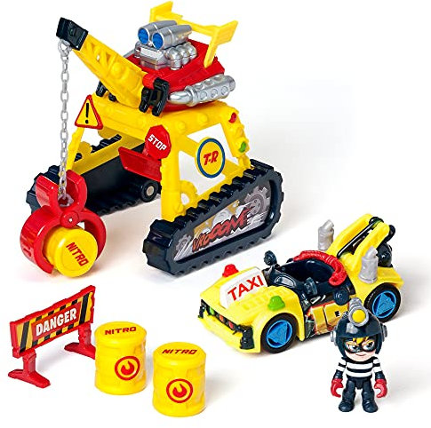 Magic Box T-Racers Turbo Crane - Grue avec Pince, Pilote et Voiture Exclusif et Accessoires, Piste de Voiture Jouet
