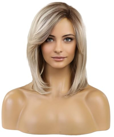HAIRCUBE Perruque blonde avec racines foncées pour femme - Longueur épaule - Cheveux synthétiques dégradés