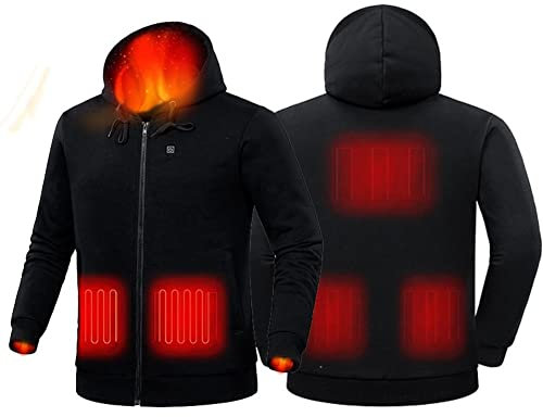 scosao Beheizbare Kapuzenpullover Männer Kapuzenjacke Sweatjacke USB Thermo-Sweatshirt mit 3 Heizstufen Beheizte Jacke Waschbar Hoodie Kapuze Reißverschluss für Winter Camping, Angeln, Wandern,Black,L
