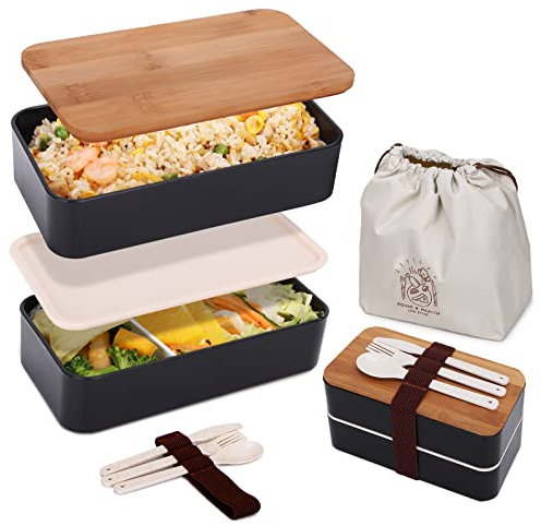 DEATPOYE Bento Lunch Box for Adults & Kids, 1200ML Lunch Box Japanese Style, 2 Tiers Leak-Proof Food Container Lunch Box for Women Men Microwave & Dishwasher Safe, BPA-Free, Black