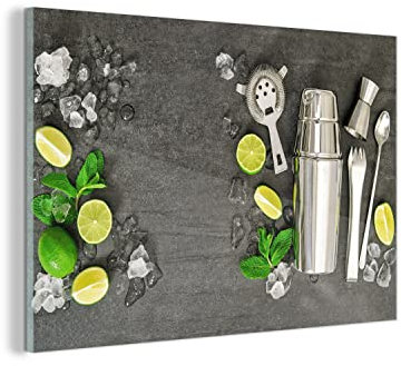 MuchoWow Glasbild Glasfoto Wandbild Bilder Deko 60x40 cm Cocktailshaker - Eiswürfel - Obst
