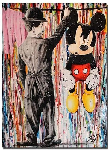 Picture Banksy Graffiti Painting Charlie Chaplin Colorful Modern with Iconic Superman and Mickey Mouse Pictures Street Graffiti Art Poster HD Print Wall Decor, No Frame,Grey,A,40x60cm