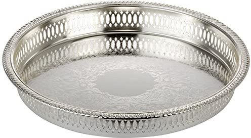 großes Silbertablett Ø 28 cm - rundes versilbertes mit hohem Rand ohne Füße - modernes Galerie Deko Serviertablett für Speisen und Getränke - ohne Griffe