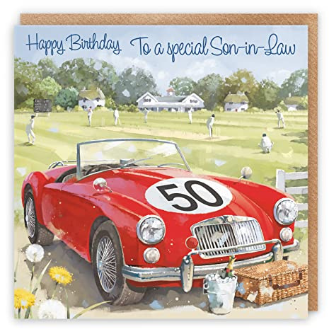 Hunts England Geburtstagskarte für den 50. Schwiegersohn, klassischer Sportwagen, zum 50. Geburtstag, Aufschrift To A Special Son-in-Law, künstlerische Auto-Geburtstagskarte – Milo's – Cricket-Match