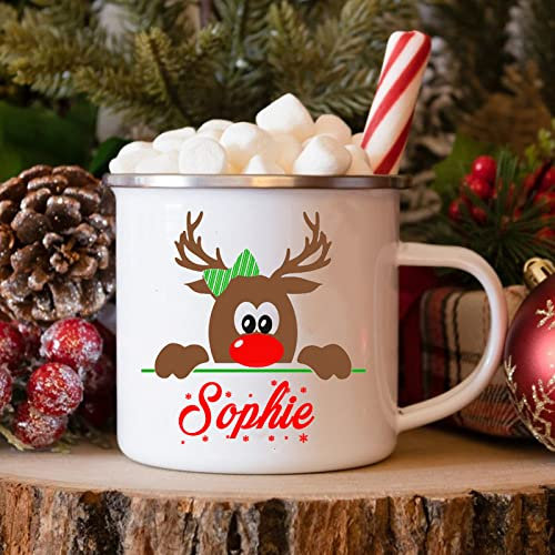 WunM Studio Tasses personnalisées en émail de cerf/Nom personnalisé Tasse de Chocolat au Chocolat Chaud de Noël Boire du Lait Tasses à poignée de frères et sœurs Cadeaux de Noël pour Les Enfants TASS