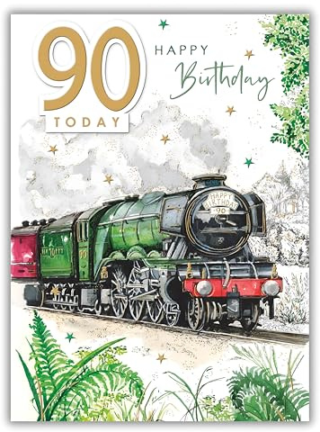 Noel Tatt General Carte d'anniversaire pour homme Motif train à vapeur 90 ans Avec feuille d'aluminium et décorations 3D Respectueux de l'environnement et recyclable