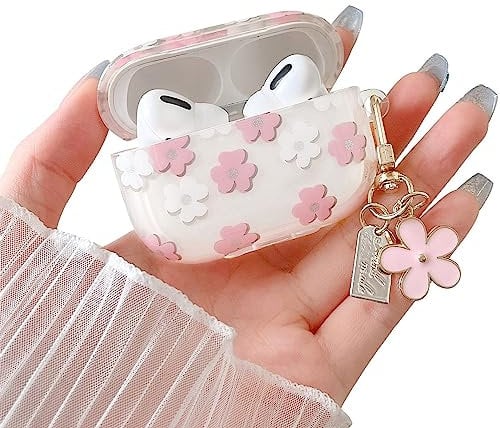 MINSCOSE Kompatibel mit AirPods Pro Klar Hülle,Niedliches Cartoon Blumenmuster Design mit floralem Schlüsselanhänger,Weiches TPU Schützendes Stoßfestes Gehäuse für AirPod Pro für Mädchen-Rosa