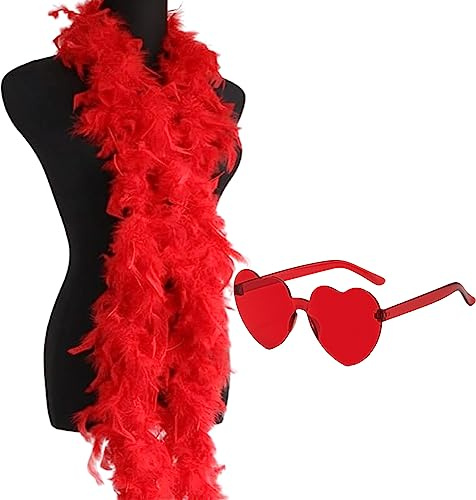 2 Stück Rote Federboa,Federboa Und Herzbrille,Herzförmige Sonnenbrille,Flauschige Federboa Federschal Kostüm Weihnachtsbändchen Federschal Hochzeitsfeier,Faschingsparty Federboa Kranz