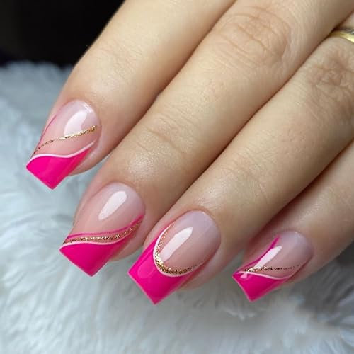24 Pièces Carrés Faux Ongles Court, French Press on Nails Rose Rouge Ongles à Coller, Acrylique Couverture Complète Square Faux Ongles Autocollants pour Femme et Fille Nail Art