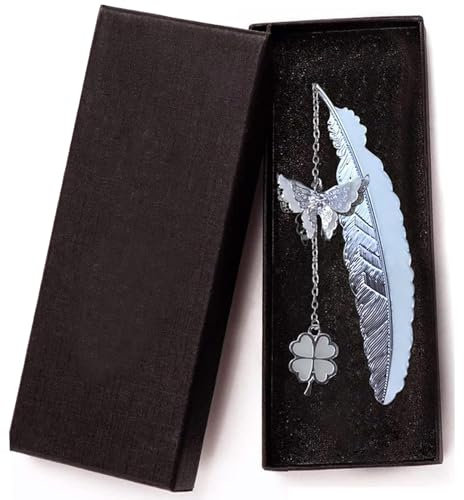 RabbFit 1 Stück Lesezeichen, Feder-vierblättriges Kleeblatt-Leuchtender Schmetterling, mit Geschenkbox, Verleihen Sie Ihrem Lesen Flügel, Geschenk für Verwandte und Freunde(Silber)