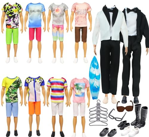 26 Stück Puppenkleidung Kompatibel mit Ken Kleidung, Clothes for Jungen Puppen 1 Anzug 5 Freizeitbekleidung 5 Hosen 6 Paar Schuhe 5 Kleiderregal 1 Ohrhörer 1 Paddle Board für 12 Zoll Jungen Puppen