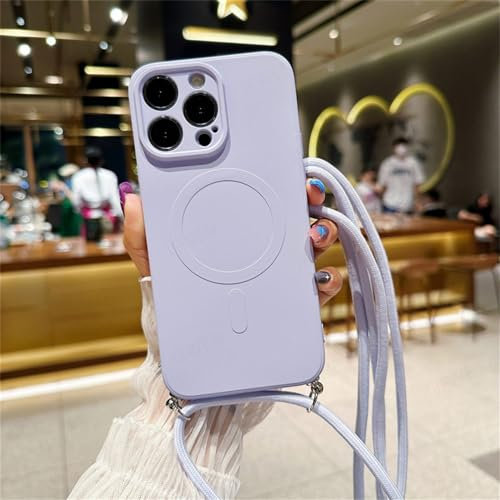 NVYRO Custodia liquida con cordino a tracolla per iPhone 14 13 12 Mini 11 Pro Max Plus XR X XS per cover posteriore morbida in silicone, viola lilla, per iPhone 14