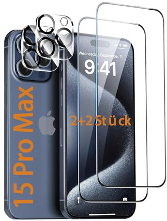 SOPAND S01 2+2 Stück Schutzfolie für Panzerglas iPhone 15 Pro Max [6.7 Inch] mit 2 Stück Glas Schutzfolie + 2 Stück Glas Kamera Schutzfolie [9H Härte][HD Klare][Anti-Kratzen][Anti-Öl]