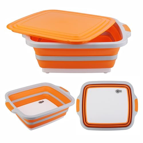 Tiawudi Tina grande plegable para preparación de barbacoa con tapa (4.22 galones/16 litros), fregadero plegable de camping con colador, tabla de cortar, lavabo para cocina, cuenco, verduras y frutas