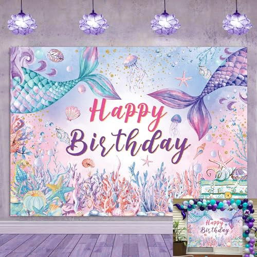 Meerjungfrau-Hintergrund mit Aufschrift Happy Birthday, Korallendekoration, Banner, biologischer Hintergrund für Kinder, Mädchen, Themen-Geburtstagsparty, Banner (208,3 x 150 cm)