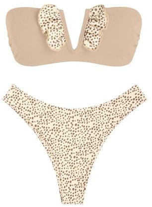 SRZYMJ Damen Bikini Set Triangel Badeanzug Strand Ties Zweiteiliger Bademode Bikinihose Beige