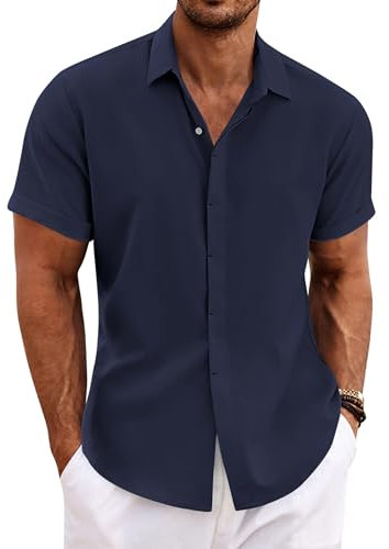 COOFANDY Summer Shirts Men Short Sleeve Linen Button Down Casual Beach Holiday Shirt Navy Blue XL
