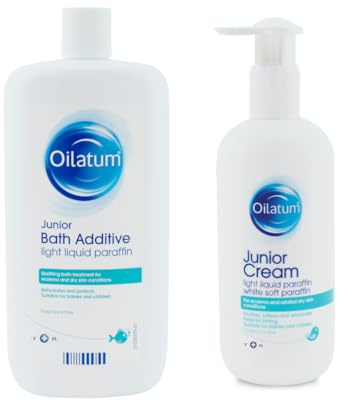 Oilatum Junior Emollient Bath Additive (1x 600ml) & Junior Cream (1 x 500ml), Eczema & Dry Skin Conditions Soothing and Hydrating Moisturizer for Sensitive, Itchy Skin, Dermatologist Recommended