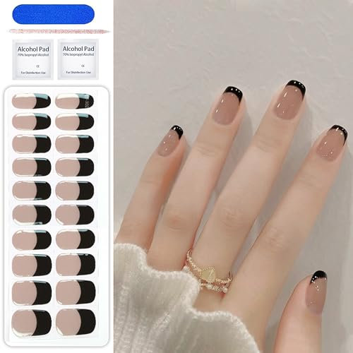 MrCuvaryas 20PCS UV Gel Nagelfolie, Nagelsticker - Fingernägel zum aufkleben - Schwarze French Nagelaufkleber für Hände, Nagelfolie Härtend mit Nagelfeile & Stick für Nageldekoration (Black French)