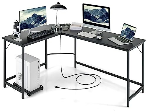 GYMAX L-förmiger Schreibtisch mit CPU-Ständer, platzsparender Eckschreibtisch mit Steckdosen & USB-Ladeanschluss, Computertisch, Arbeitstisch für Wohnzimmer & Büro, 168x125x74,5cm (Schwarz)