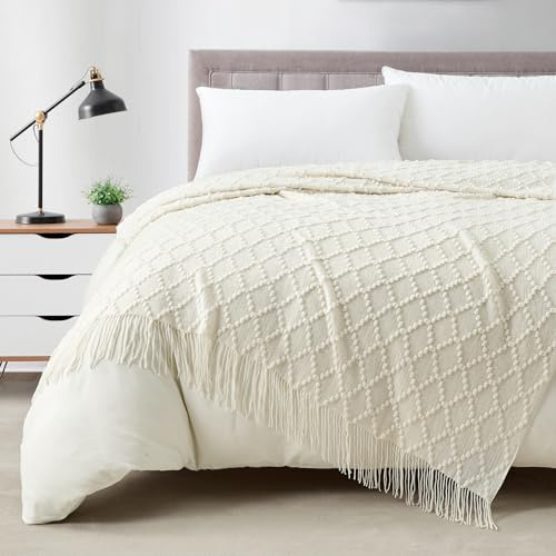 BOURINA Textured Solid Knitted Throw Blanket White 127x178cm | Cozy textured knitted throw blanket, warm lightweight cover, washable decor blanket for sofa, couch and bedroom use