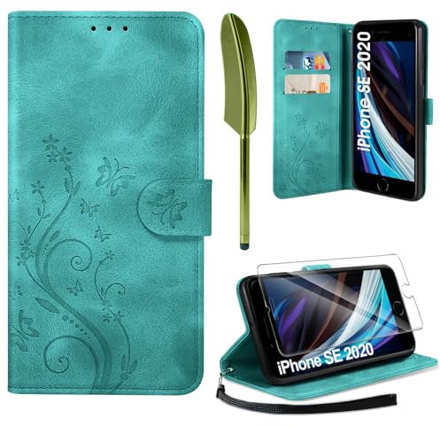AROYI Lederhülle Kompatibel mit iPhone SE 2022/2020/7/8 Hülle und Schutzfolie, Flip Wallet Handyhülle PU Leder Case Kartensteckplätzen Schutzhülle Kompatibel mit iPhone SE 2022/2020/7/8 Dunkel Grün