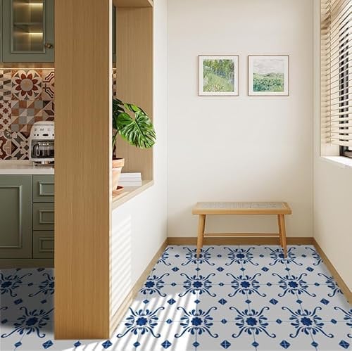 Alwayspon Vinyl Flooring, White and Blue China Self Adhesive Stick on Floor Tiles Transfer for Bathroom Kitchen, Splashback, Peel and Stick Vinyl Flooring Tiles Sticker, 24PcsX20cm/8inch