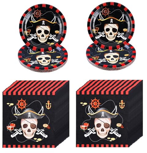 Luckwaii Décoration Anniversaire Pirate Vaisselle Thème Pirate, 80 Pièces Kit Vaisselle Anniversaire, Assiettes Carton Pirate Serviette Pirate pour Pirate Party Enfants Party Fête Mariages 40 Invités