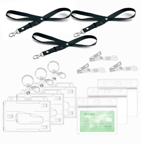 Porte Badges avec Cordon, clips, Porte badge transparent dur,pour Cartes de Proximité, Cartes de Crédit, Cartes d'Identité et Cartes, Porte Carte Bus (3 Set Horizontal)
