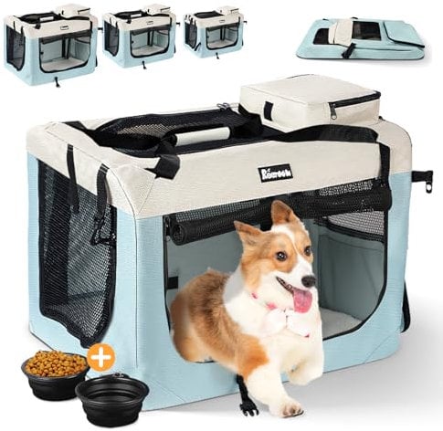 Reerooh Hundebox L 70x52x52cm, Faltbar Hundetransportbox Inkl.Hundenapf, Tragbare Hundetasche für Reisen, Hunde und Katzen Auto Haustiertransportbox