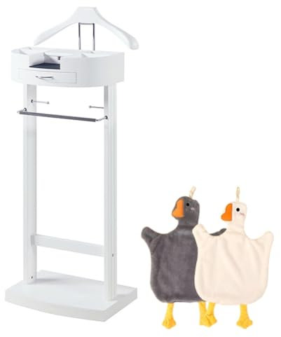 Valet De Nuit Autoportant, Cintre Bois, Porte-Manteau avec Cintre pour Pantalons Et Compartiment De Rangement, pour Vêtements pour Hommes Ou Femmes, 43,1 x 34,2 x 106,6 cm, Blanc