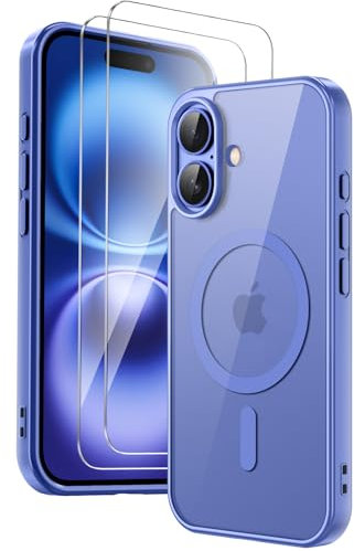 COPIKE Funda Magnética para iPhone 16 con 2 Cristal Templado, Compatible con MagSafe, Carcasa Antigolpes Marco de TPU Mate con Transparente Anti-Arañazos Respaldo, Azul