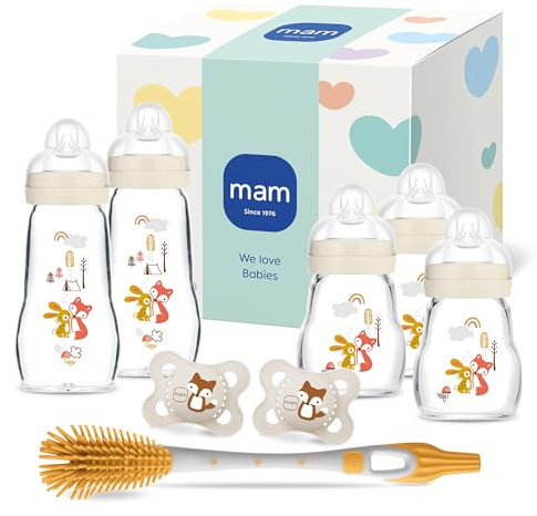 MAM Feel Good Glass Bottle Premium-Set | 0+ Mon | Babyflaschen-Set für Neugeborene | 94% Akzeptanz | stillfreundlich | 5 Glasflaschen & 2 Original Schnuller, 1 Soft Brush & 1 Flaschenkorb | beige