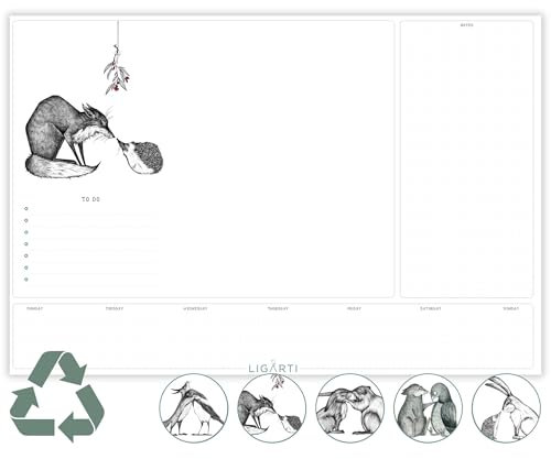 Ligarti Schreibtischunterlage Papier (100% nachhaltig) A3+ Wochenplaner Block mit To Do Liste und wechselnden Motiven - Weekly Planner undatiert, Schreibtisch Unterlage (Kuscheltiere)