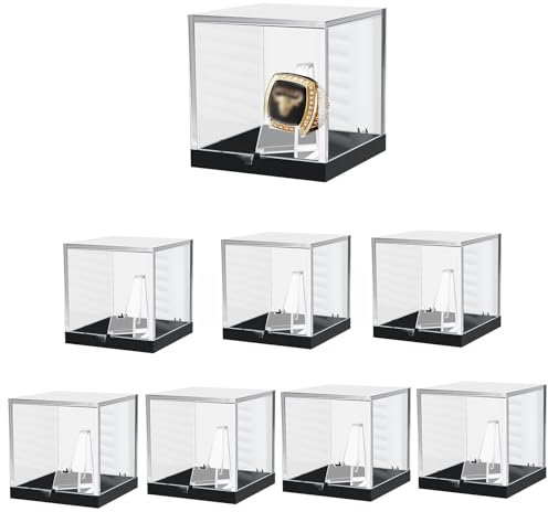 8 Stück Championship Ring Vitrine mit 8 Stück Ringständer aus Acryl Kleine quadratische Box für Meisterschaftsringe Transparente Displaybox für Sportfans 55x55x55 mm
