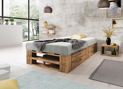 Lermowood Palettenbett M2 aus Holz 120 x 200 cm Eiche mit Lattenrost und 2 Bettkästen Holzbett 40cm Stabiles Seniorenbett Kinderbett Jugendbett Gästebett erhöhtes Bettgestell Futonbett Komforthöhe