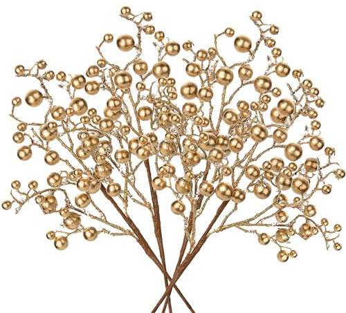 Oairse 4er Set Kunstpflanze Kunstzweig Künstlicher Beerenzweig Weihnachten deko Glitzer, Dekorative Zweige mit Beeren Künstliche Holly Berry für Weihnachtsbaum, Christbaumschmuck, Gold