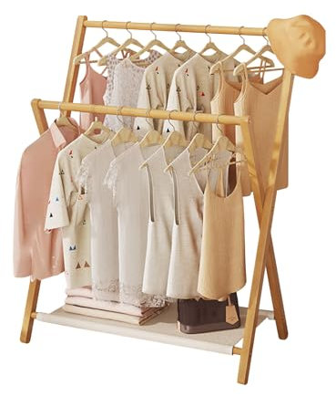Ergocar Petit Porte-Manteau Pliable, Porte-Vêtements à Double Poteau En Bambou Et Bois, Porte-Vêtements Court Autoportant Multicouche Adapté Aux Petits Espaces, Salon, Buanderie, Chambre à Coucher