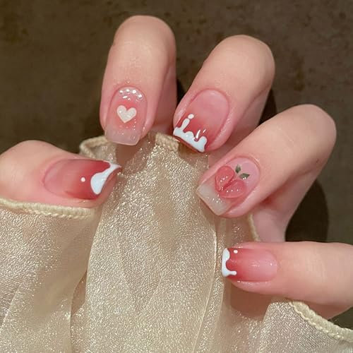 24 Pcs Short Square False Nails - Nude Pink Press on Nails with Sweet Peach Heart Decoration - French Fake Nails Removable Glue-on Nail Acrylic Full Cover Nail Women Girls Valentines Days Nail Art